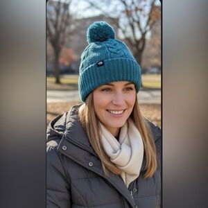 The North Face Blue Chunky Knit Pom-Pom Hat